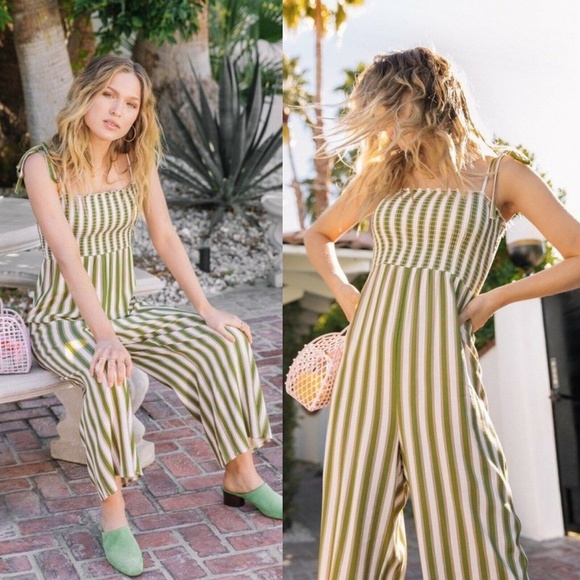 New SHOW ME YOUR MUMU Parton Bella Stripe Smocked Tie Strap Jumpsuit in Green - Picture 5 of 9